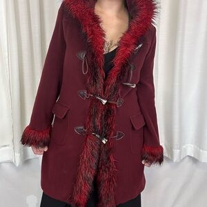rare penny lane coat - burgandy color with red and black faux fur trim